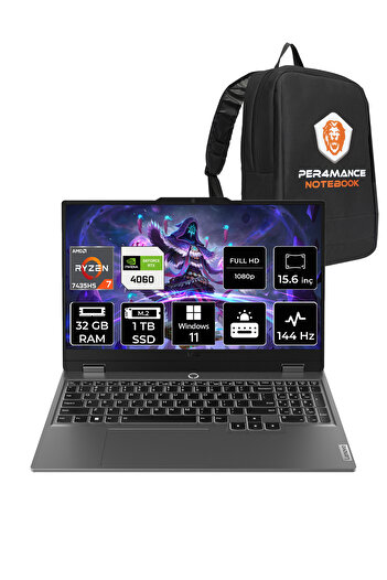LENOVO LOQ R7 7435HS 32GB 1TB SSD RTX4060/8GB 105W 144Hz FHD 15.6" W11P Gaming Laptop & PER4 ÇANTA