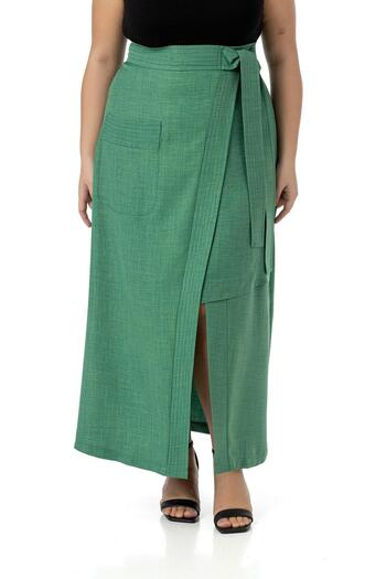 DISENTIS MODEST Plus Size Front Slit Ornamental Lacing Detail Bag Pocket Green Midi Skirt