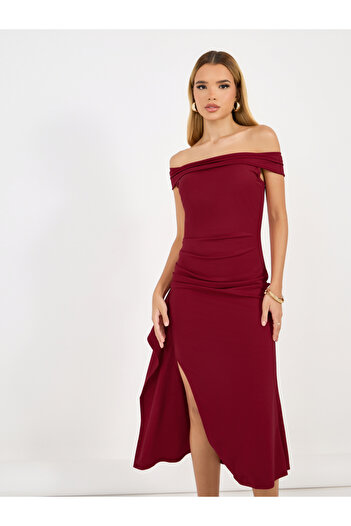 Styli Pleated Side Slit Off Shoulder Bodycon Midi Dress