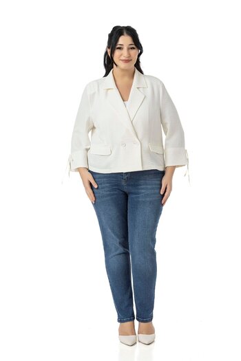 DISENTIS MODEST Plus Size Three Quarter Sleeve Ornamental Pocket Padded Unlined Short White Jacket