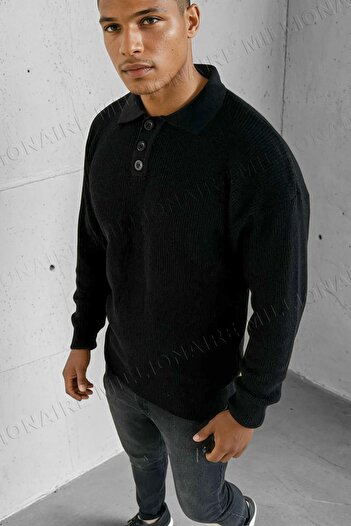 Millionaire Men's Black Polo Neck Placket Buttoned Collar Winter Knitwear Sweater
