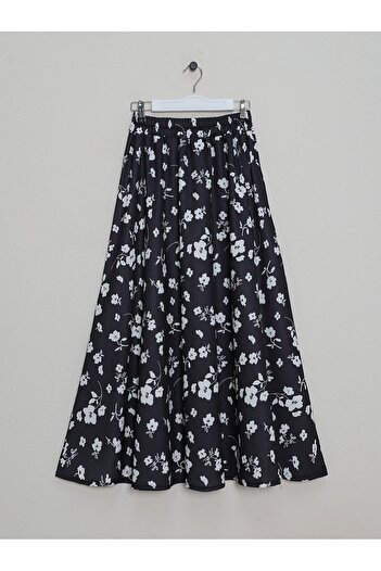Modamorfo Floral Patterned Elastic Waist Skirt - Black