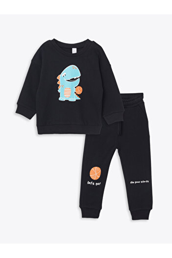 LC Waikiki Crew Neck Printed Baby Boy Sweatshirt and Sweatpants Set of 2