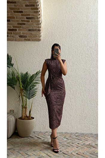 Madmext Leopard Print Sash Detailed Women's Midi Length Dress Mg2268