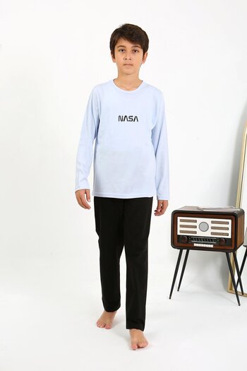 Akbeniz Boy's Ice Blue Long Sleeve Combed Cotton Pajamas Set - 20437