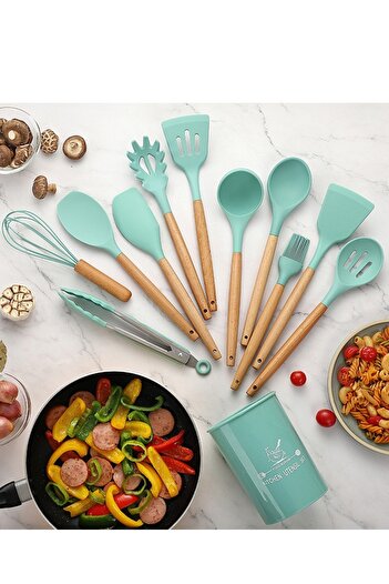 ALMUFARREJ 12-Piece Silicone Spatula Set with Wooden Handle Kitchen Utensils