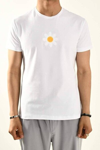 DAVID&GERENZO Λευκό μπλουζάκι Daisy Crew Neck - Λεπτομέρεια κεντήματος