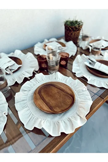 KaiHome 6-piece raw linen round ruFFle Detailed - American Service Plate