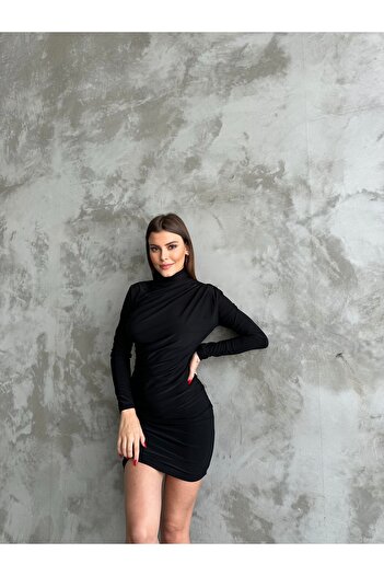 Diviny Stand Collar Draped Saran Mini Dress