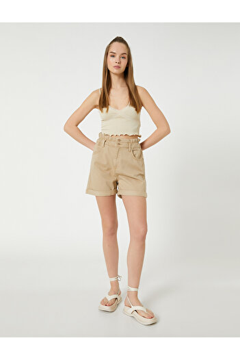 Koton Cotton High Waist Shorts - With Fold Detail And Elastic