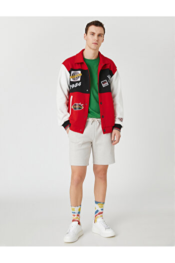 Koton College Cardigan Racing Printed Color Block Pocket Snap Buttons