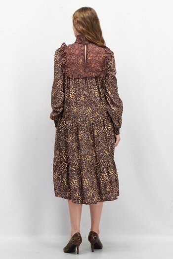 French Connection Women Long Sleeve Allover Print Midi Dress, Brown