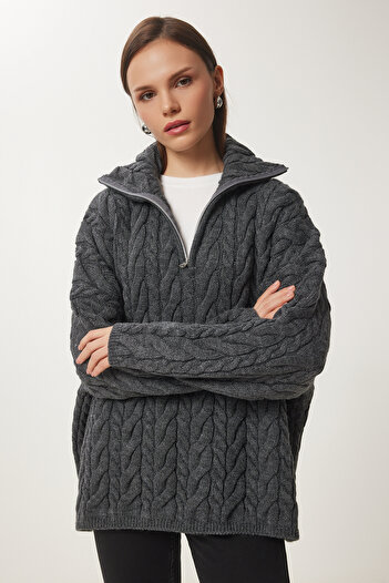 Lovelyİstanbul Pulover gros din tricot supradimensionat - guler ridicat și fermoar ANTRACIT LUS0063
