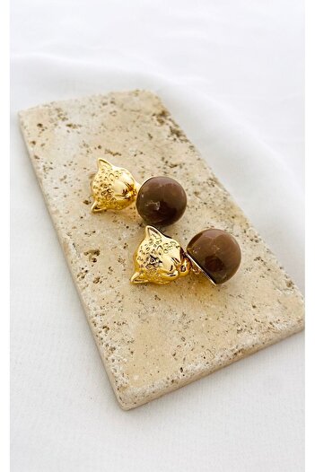 Sacha Accessories Coffee Gold Earrings with Lion Figure
