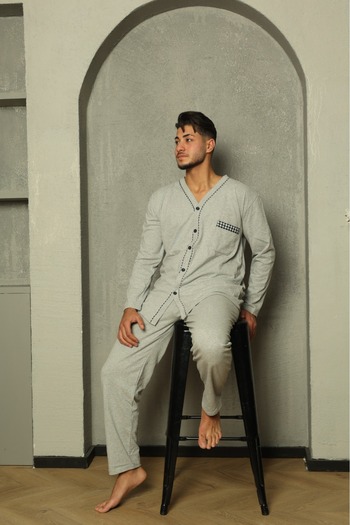 Huq Moda Sude Erkek Poplin Gri Biyeli Uzun Kollu Boydan Düğmeli Penye Pijama Takımı