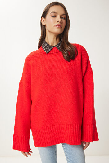 Lovelyİstanbul Oversize Red Knitwear Sweater - Soft Textured Lpf0063