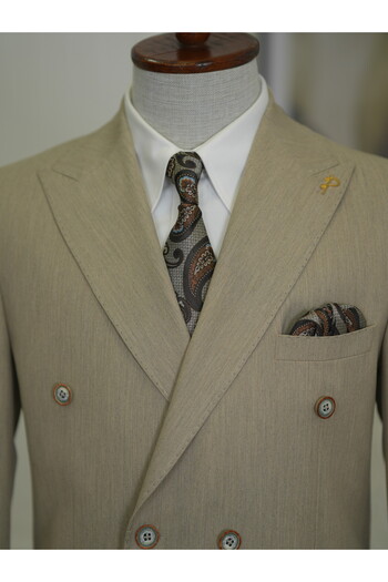 LONATOLİA Men's Italian Style Slim Fit Double Breasted Jacket - Punto Stitching, Bag Pocket, Half Lined, Cream