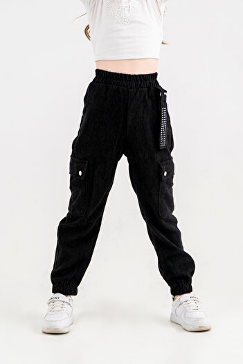 GİYİCEM Girl's Elastic Waist and Leg Cargo Pocket Trousers 2526