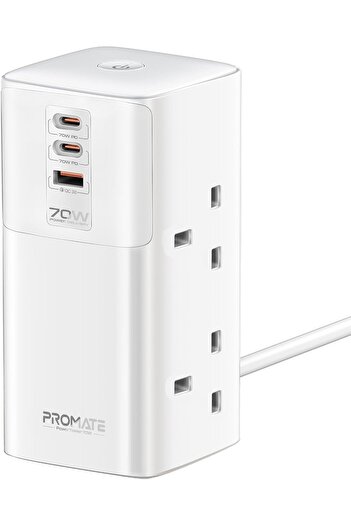 Promate Charging Station 70W Multi-Port with 2 USB-C Ports & Quad AC Sockets Universal 2500W, Tower