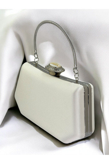 Biçanta Pearl Ecru Color Silver Crystal Stone Elegant Design Metal Handle Evening Dress Bag