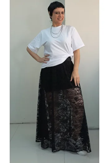 Mertcan Butik Fusta interioară din dantelă cu talie elastică neagră