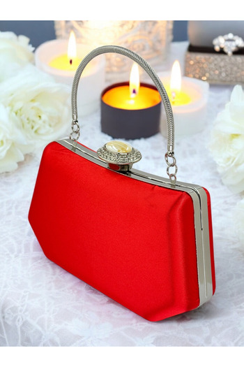 Biçanta Red Color Silver Crystal Stone Elegant Design Metal Handle Evening Dress Bag
