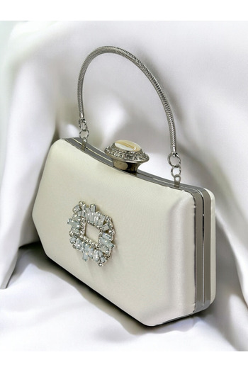 Biçanta Pearl Ecru Color Silver Crystal Stone Elegant Design Metal Handle Evening Dress Bag