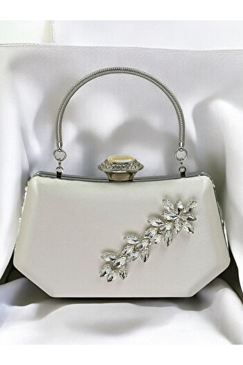 Biçanta Pearl Ecru Color Silver Crystal Stone Elegant Design Metal Handle Evening Dress Bag