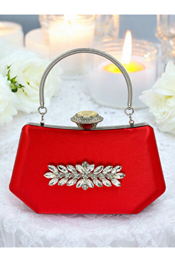 Biçanta Red Color Silver Crystal Stone Elegant Design Metal Handle Evening Dress Bag