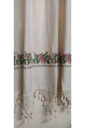 TUNCAY TEKSTİL Washed Natural Straight Bodrum Linen with Wooden Work Red Canavch