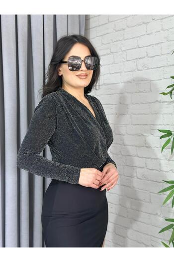 Aysel Boutiquee Gray Glitter Double Breasted Collar Padded Bodysuit A639