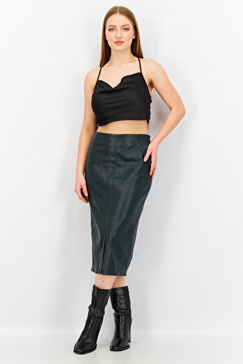 Esprit Women Solid Leather Midi Skirt, Dark Olive