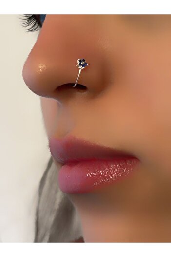 axexuar Gümüş Hızma Deliksiz Burunlara Lacivert Zirkon Taşlı Geçmeli Sıkıştırmalı Hızma Piercing