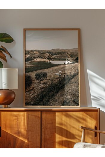 Postifull Rustic Unframed Poster, Scandinavian Brown Painting, No:216 House and Mountain Scenery Photo in the Field