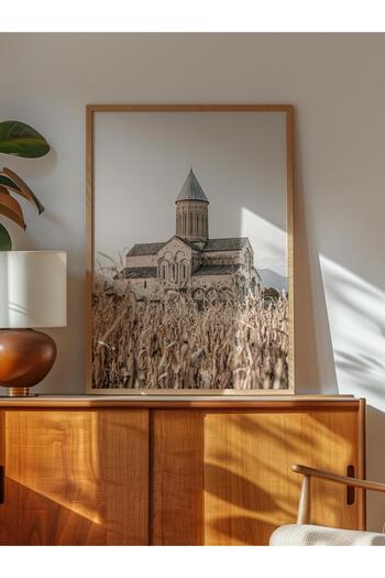 Postifull Rustic Unframed Poster, Scandinavian Brown Painting, No:261 Church and Fields Photo, Vertical