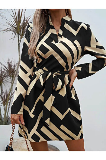 buğrahayalin Women's Long Sleeve V-Neck Pattern Diver Dress with Belt on Waist