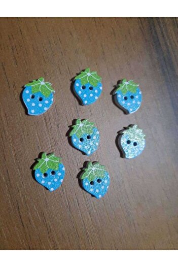 İMREN AKSESUAR 1.5 cm Strawberry Figured Blue Wooden Button - 8 Pieces 1 Pack