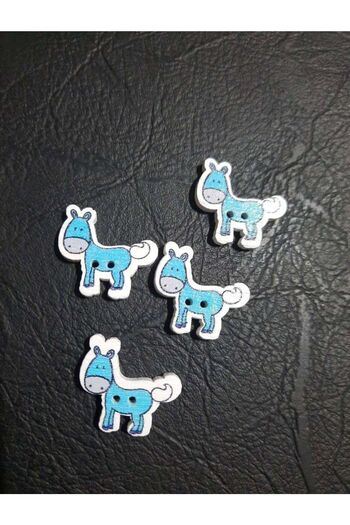İMREN AKSESUAR 2 cm Wide Blue Wooden Button - 1 Pack of 8 Pieces with Horse Figures, Two Holes