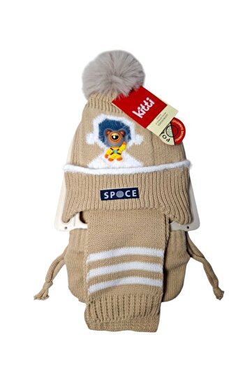 Kitti 0-18 Aylık 3 lü Takım Erkek Bej Astronot Maskotlu Atkı Bere Eldiven Set