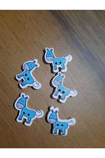 İMREN AKSESUAR 2 cm Wide Blue Wooden Button - 1 Pack of 8 Pieces with Horse Figures, Two Holes