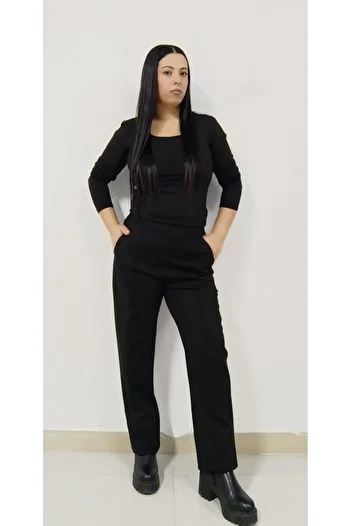 AKŞEN GİYİM Large Size Women's Winter Steel Knitted Woven Fabric Stricked High Waist Straight Leg Classic Pants