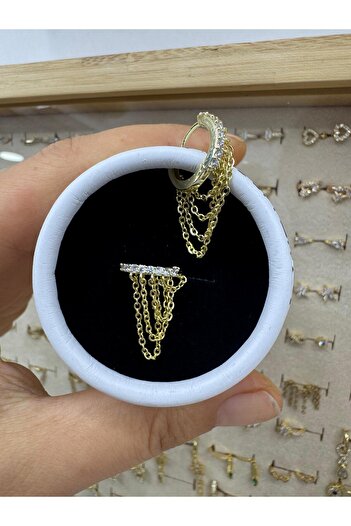 Arescollection ZİRKON TAŞLI SAĞ KULAK UYUMLU 1 ADET 4 SIRA ZİNCİRLİ HELİX LOBE  HALKA PİERCİNG KÜPE