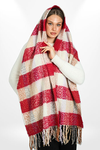 hijabchi Plaid Patterned Soft Textured Striped Tasseled Thick Shoulder Shawl Scarf - Red/Cream