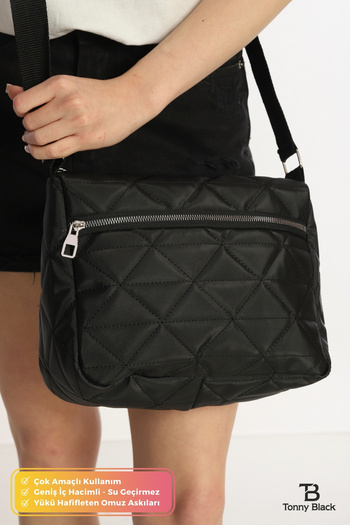 Tonny Black Waterproof Quilted Shopper - Hand and Shoulder Bag for School and Sports with Cross Strap and Lining