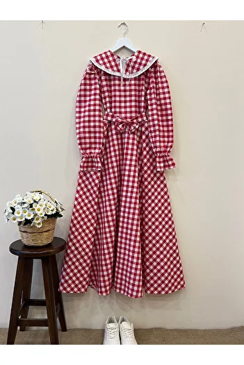 KÜÇÜĞÜM BUTİK Red Gingham Dress with Hijab Mobile Collar (Dese-Calk)