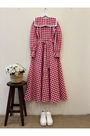 KÜÇÜĞÜM BUTİK Red Gingham Dress with Hijab Mobile Collar (Dese-Calk)