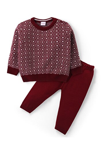 Babyhug Babyhug Knitted Full Sleeves Sweater & Pant Set with Diamond Design - Red