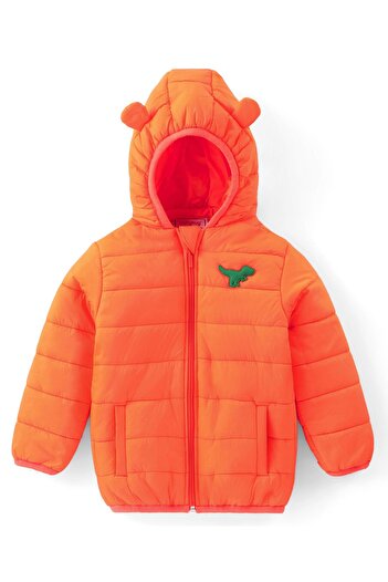 Babyhug Babyhug Woven Full Sleeves Hoodie With Dino Patch - Orange
