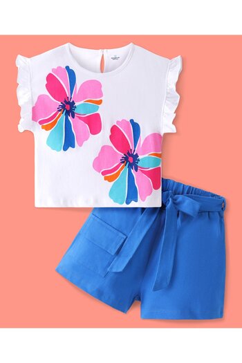 Ollington St. Ollington St. 100% Cotton Half Sleeves Top with Flower Print & Shorts Set - White & Blue