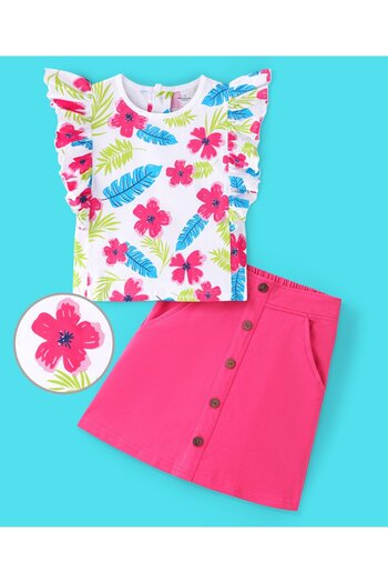 Ollington St. Ollington St. 100% Cotton Frill Sleeve Top & Skirt Button  & Floral Printed-White & Hot Pink